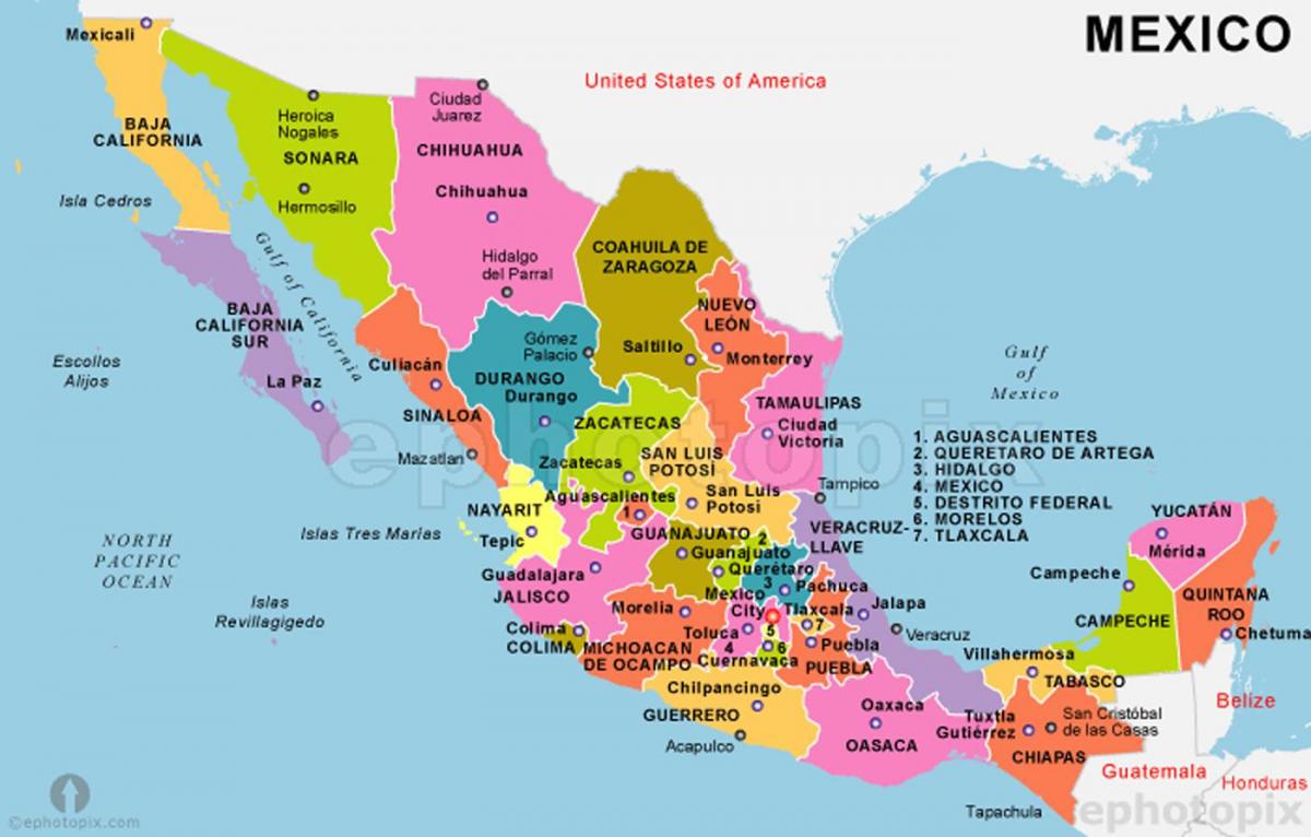 მექსიკაში რუკა ქვეყნები და დედაქალაქები